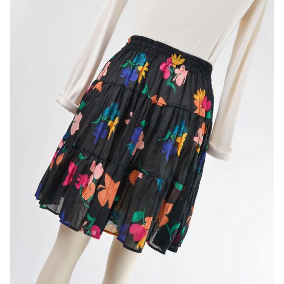 Vintage 90s Black Floral Tiered Peasant Boho Semi Sheer Full Mini Skirt XS S - Picture 6 of 7